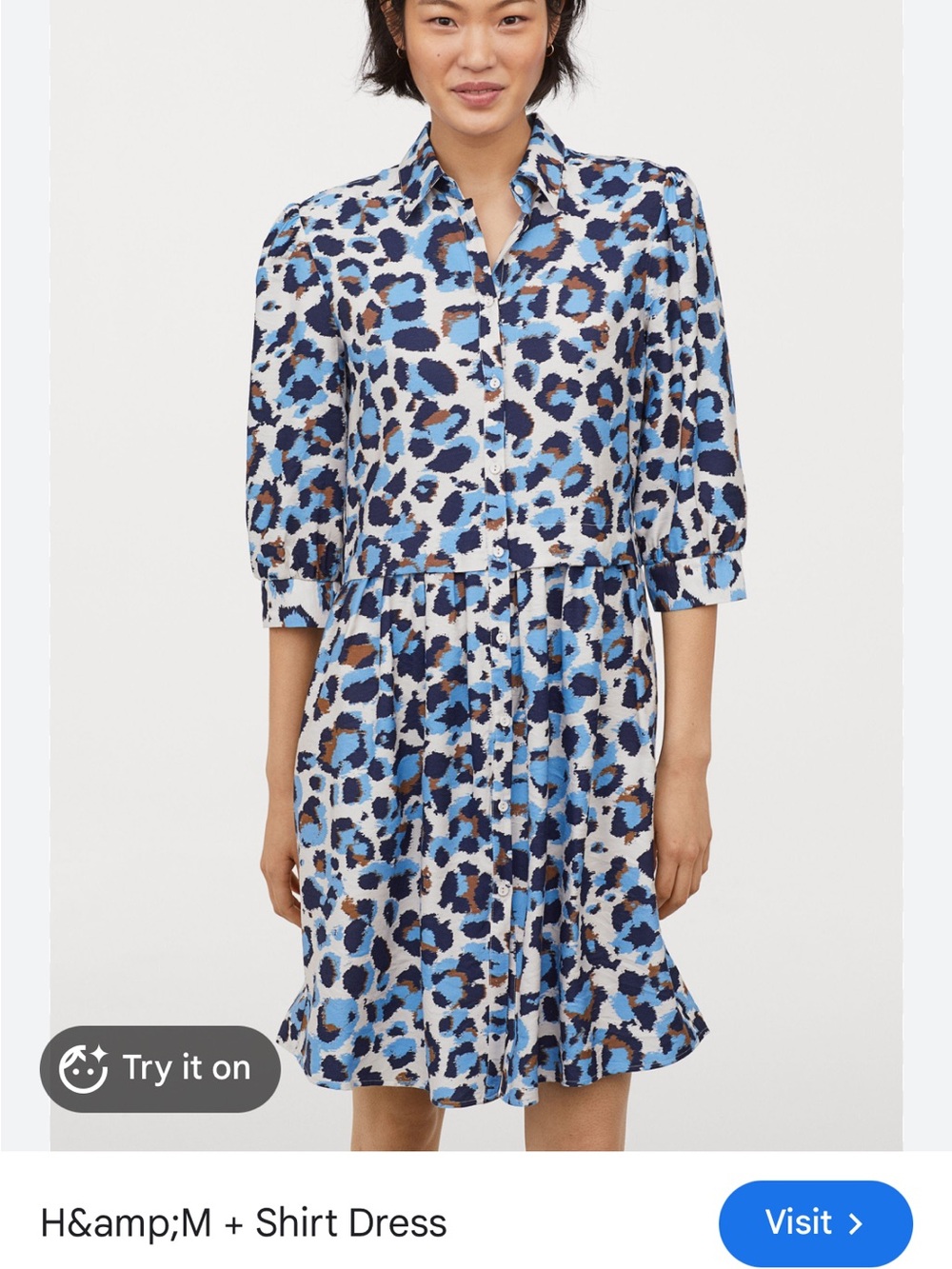 H&M Blue, Navy and Brown Leopard-Print Midi Shirt Dress